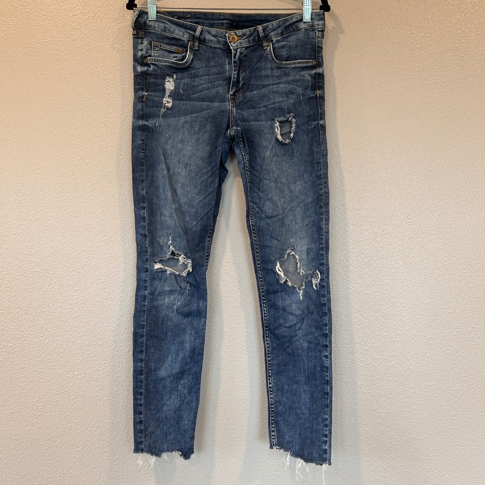 H&M &Denim Super Skinny Low Waist Distressed Blue Jeans 31/32 Raw Hem